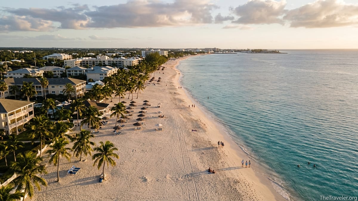Aerial view of Seven Mile Beach Grand Cayman showing pale sand, turquoise water and low-rise resorts along the shore.