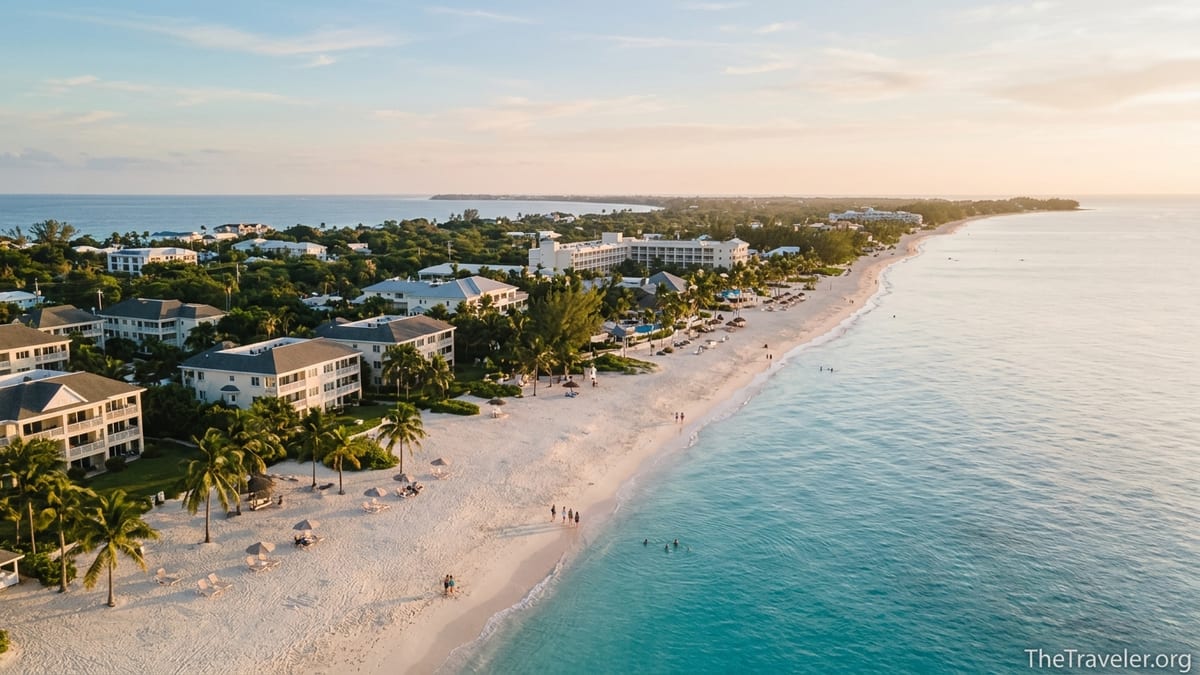 Aerial view of Seven Mile Beach, Grand Cayman with resorts and condos along calm turquoise water.