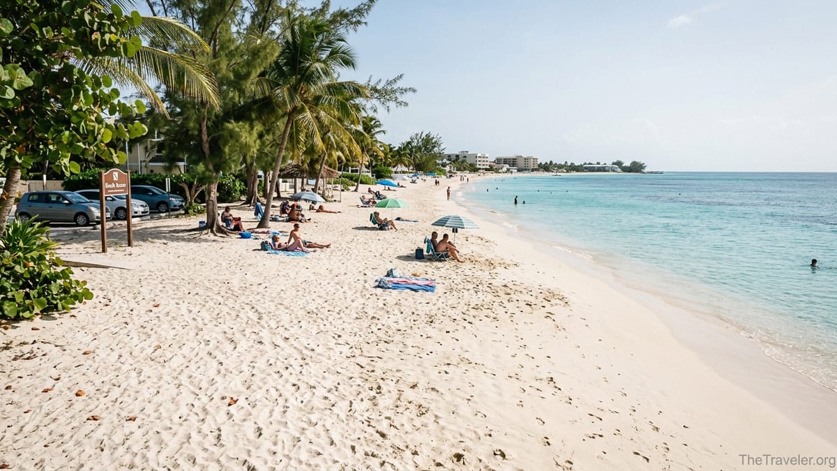 Visitors on Seven Mile Beach using a public access point with free parking and calm turquoise water.