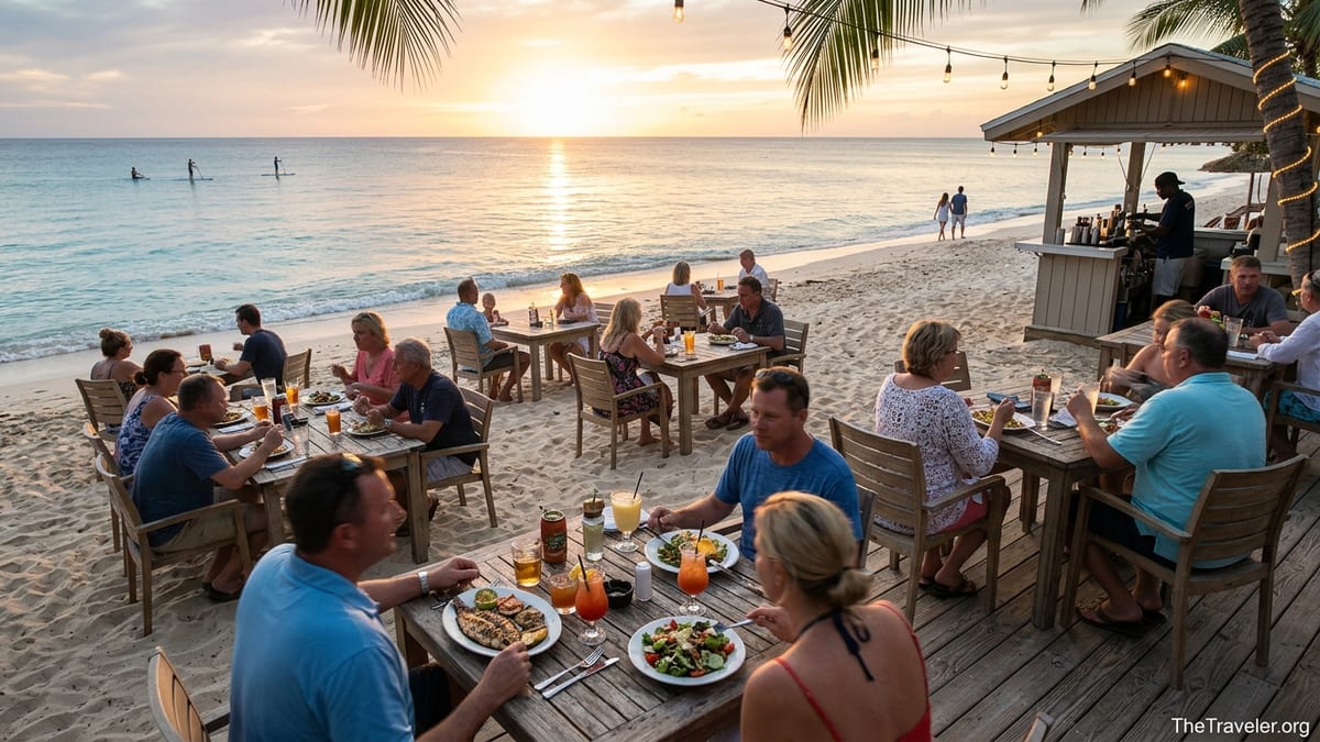 Sunset diners at a beachfront restaurant on Grand Cayman’s Seven Mile Beach.