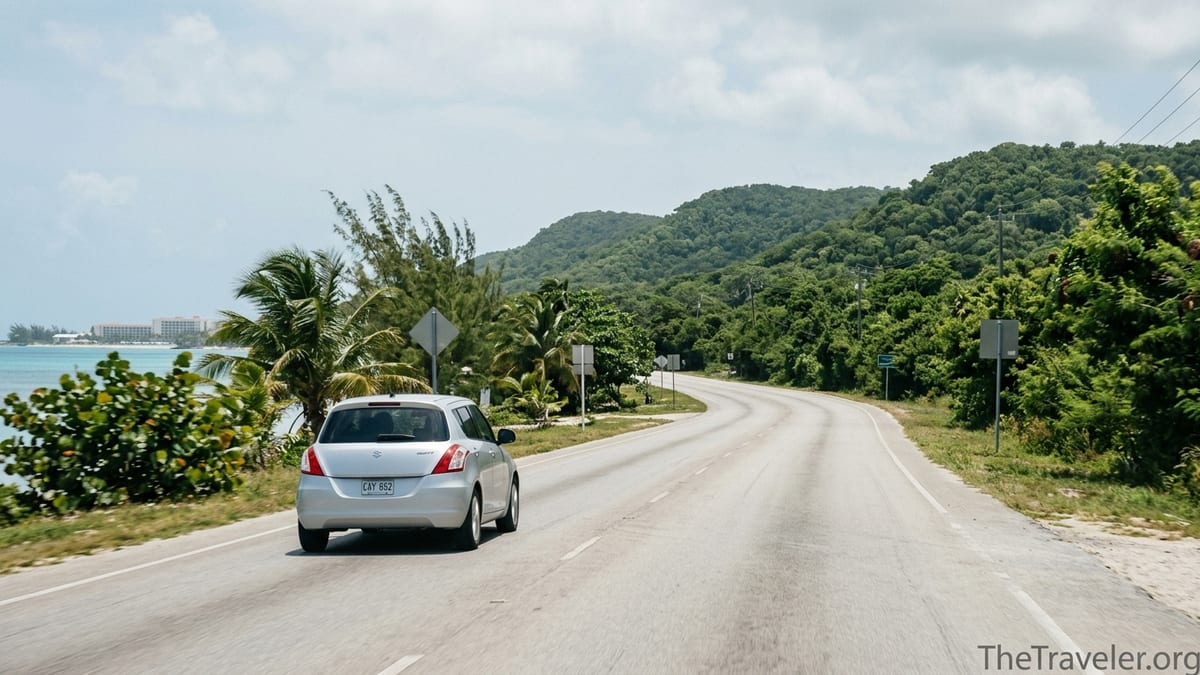 Coastal road on Grand Cayman leading from Seven Mile Beach toward lush inland forest near Cayman Crystal Caves.