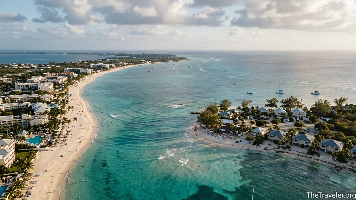 Aerial view of Grand Cayman showing resort-lined Seven Mile Beach and the quieter Rum Point coastline.