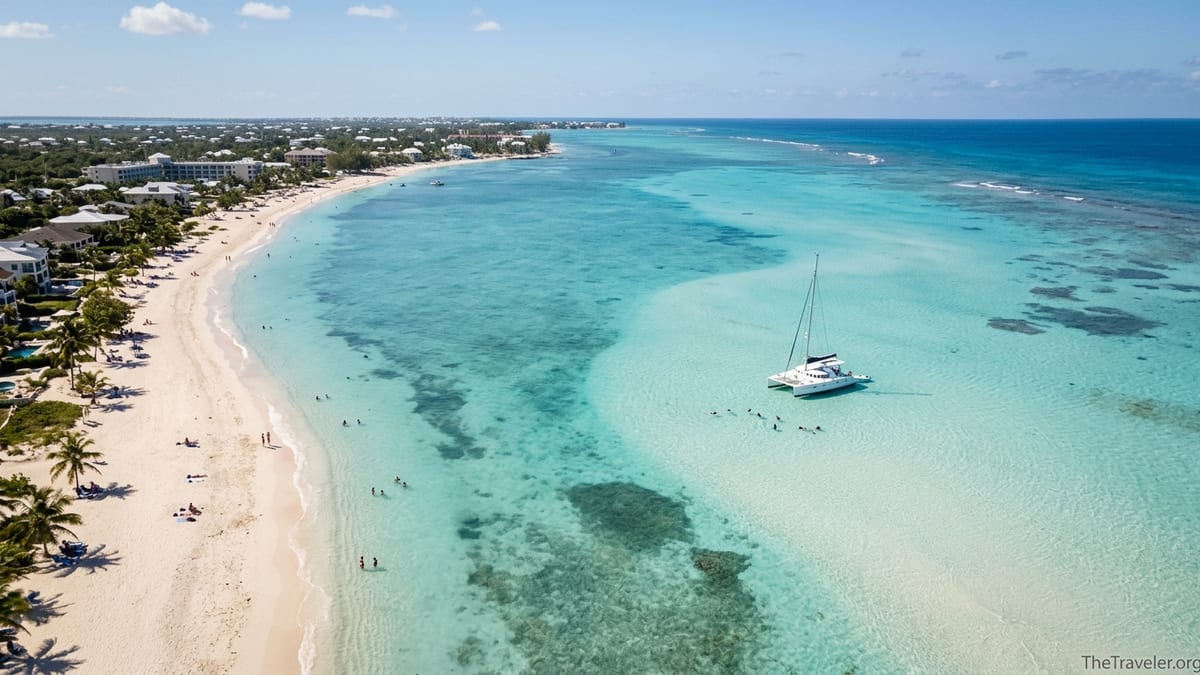 Aerial view of Seven Mile Beach and a boat at Stingray City sandbar in Grand Cayman.