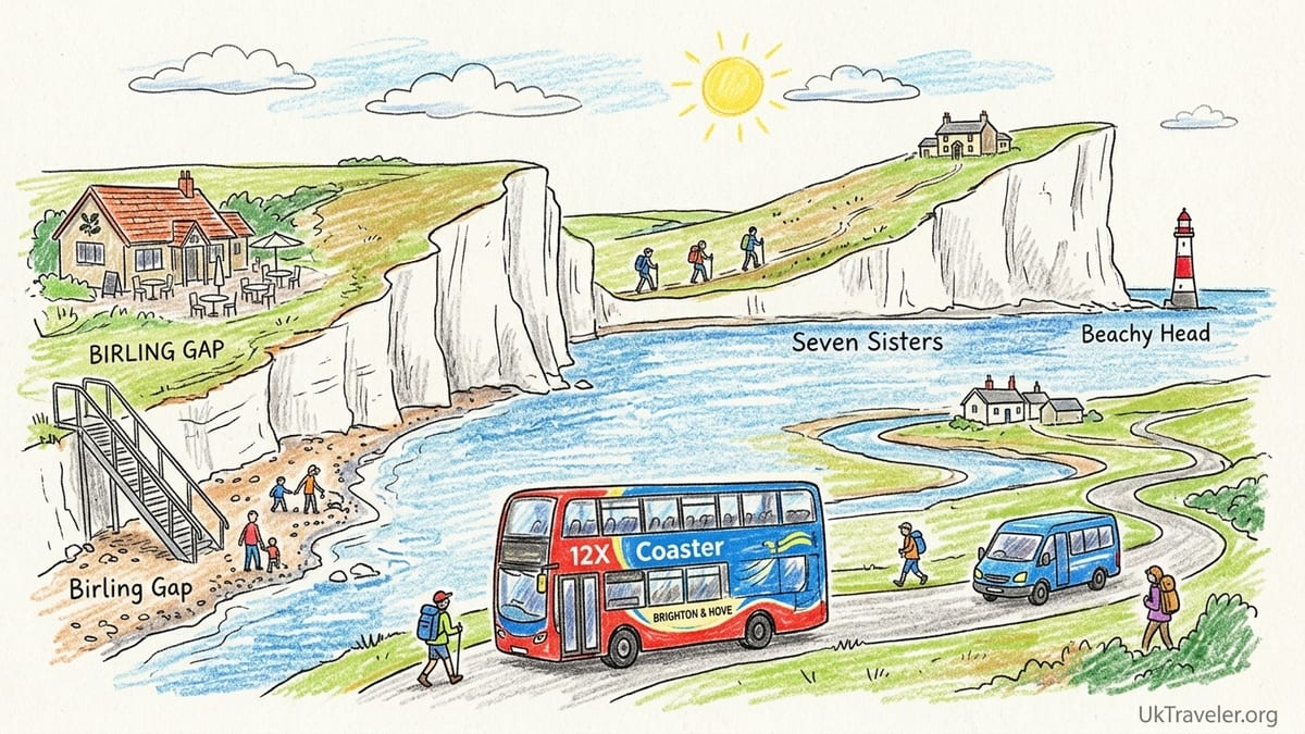 Hikers walking along the clifftop path above the white Seven Sisters cliffs on a clear afternoon.