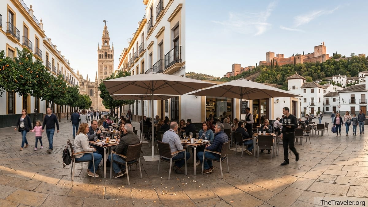 Evening tapas square in Southern Spain with Seville’s Giralda and Granada’s Alhambra on the horizon.