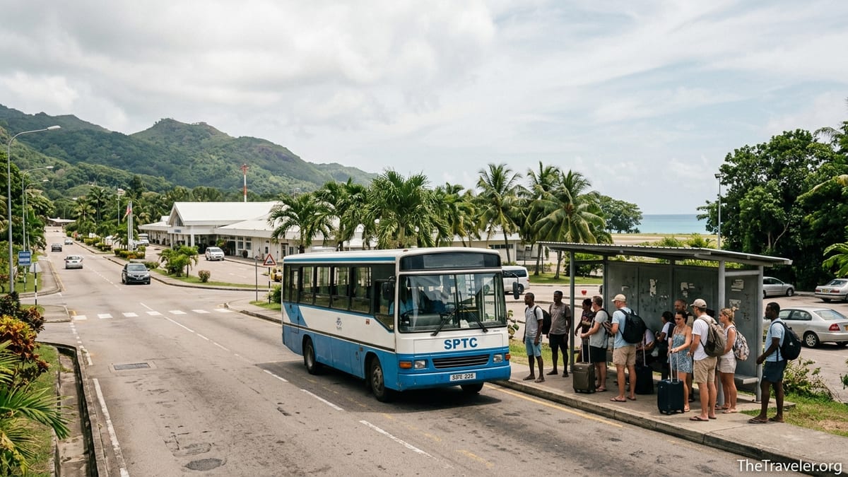 Travelers with small bags boarding an SPTC public bus near Seychelles International Airport in daylight.