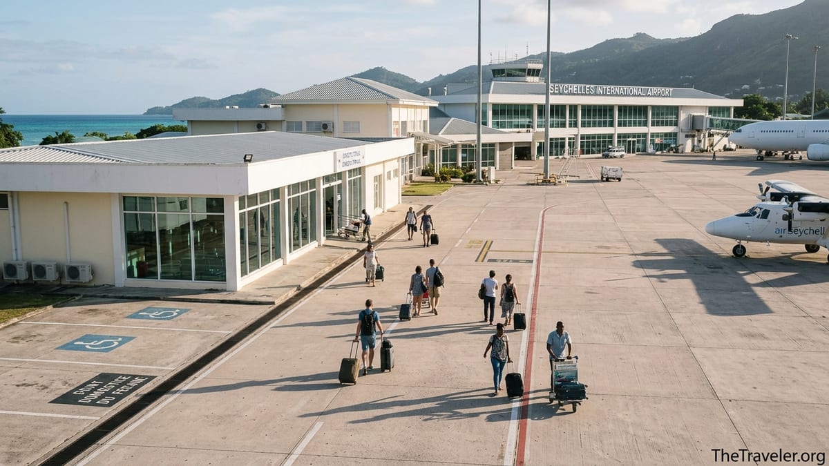 Travelers walking between domestic and international terminals at Seychelles International Airport on Mahé.