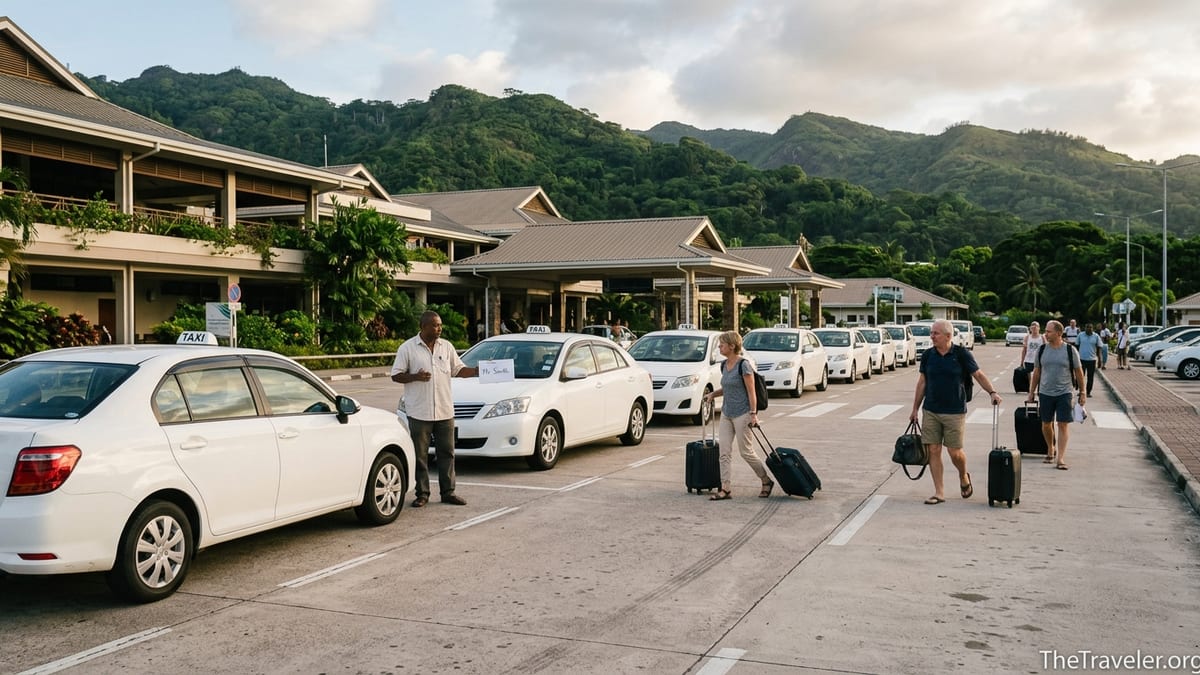 Taxi rank outside Seychelles International Airport with taxis waiting and arriving passengers.