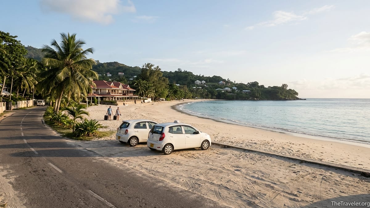 Taxi and rental car parked by Beau Vallon Beach road with travelers heading to a beachfront hotel in Seychelles.