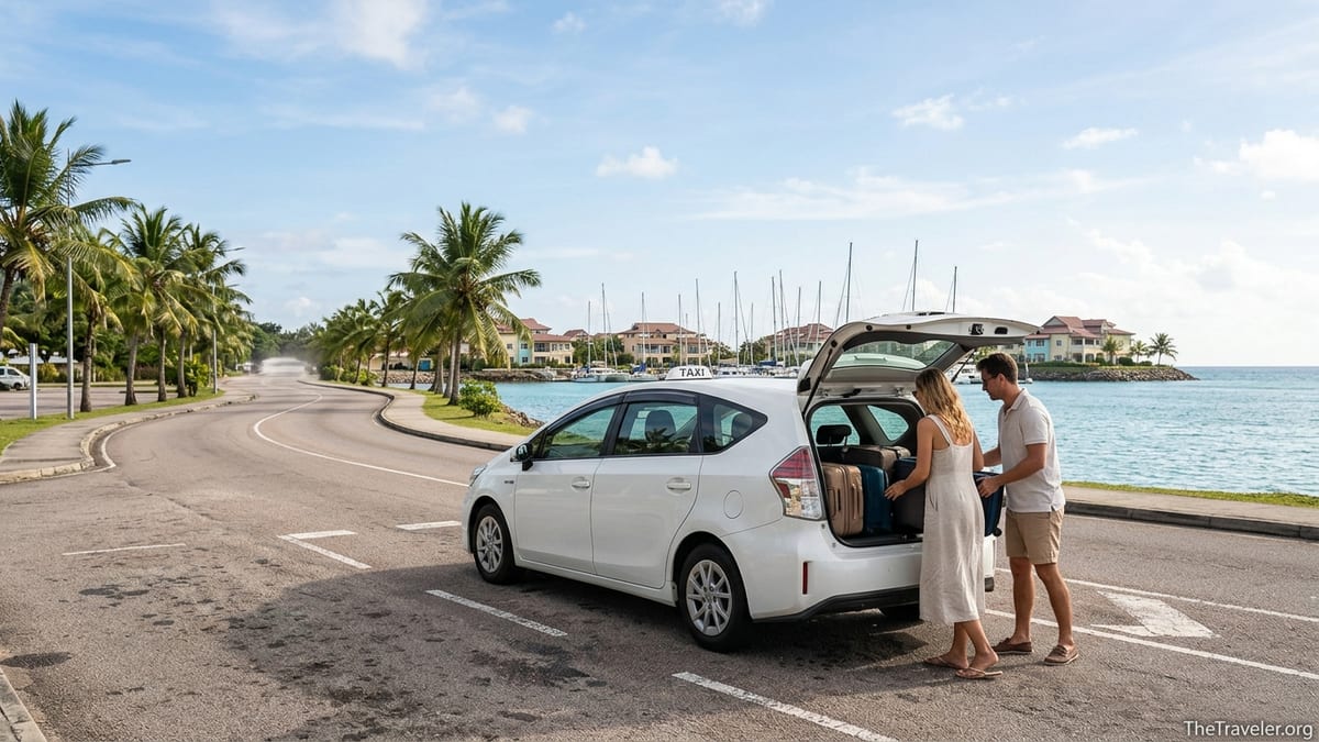 Taxi loading luggage outside Seychelles International Airport en route to Eden Island marina.