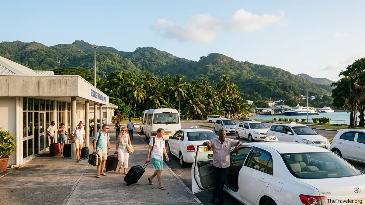 Travelers with suitcases taking taxis outside Seychelles International Airport at sunset.