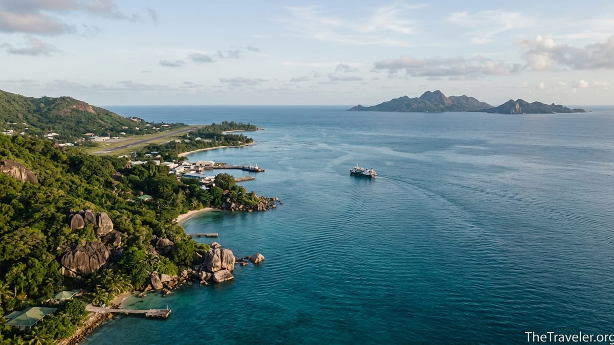 A ferry crossing turquoise water between Mahé and La Digue with Mahé’s coastline and airport in the background.
