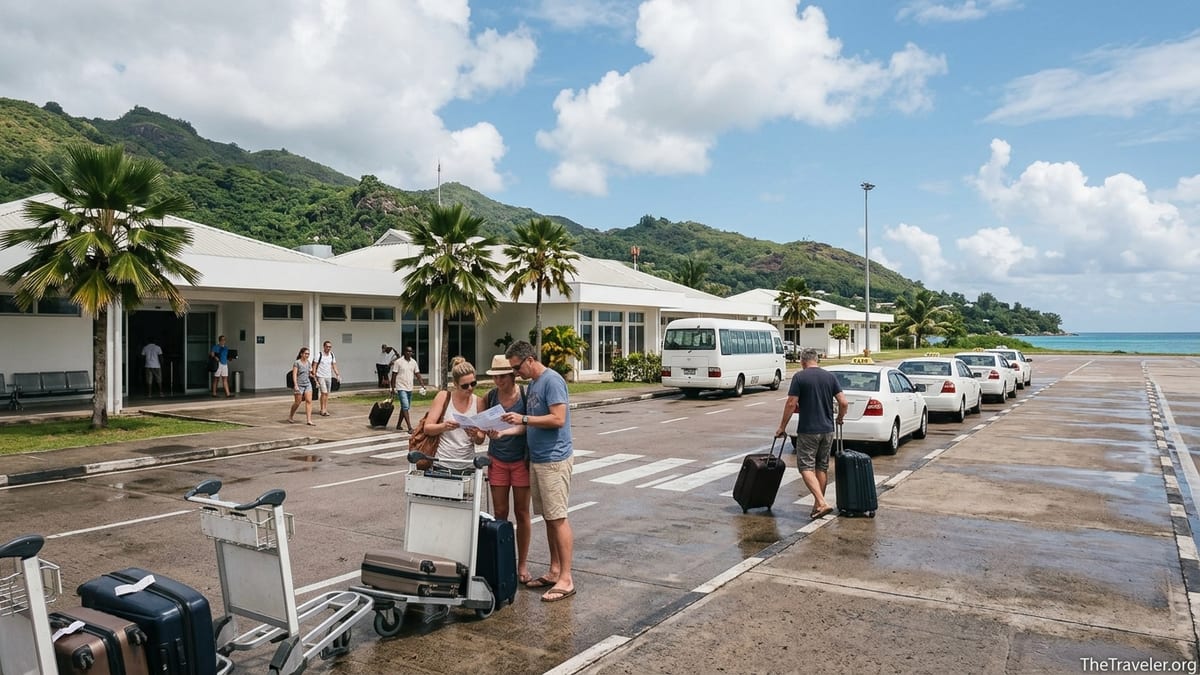 Travellers with luggage leaving Seychelles International Airport to taxis under tropical skies.