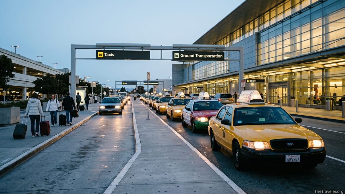 Taxi queue at San Francisco International Airport arrivals with travelers and terminal in early evening light.
