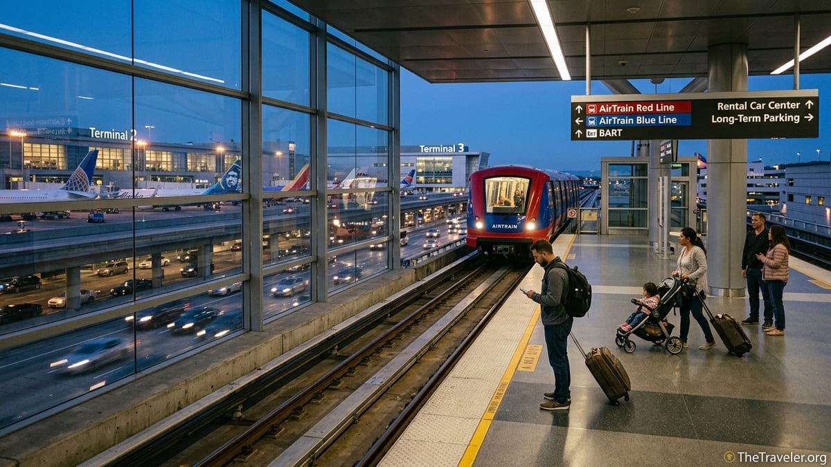 Passengers wait on SFO’s elevated AirTrain platform as a red-and-blue train arrives above the terminals at dusk.