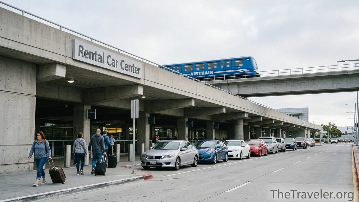 Travelers walking from SFO AirTrain to the Rental Car Center pickup area with parked rental cars.
