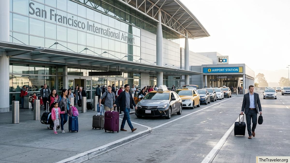 Travelers with luggage choosing between taxis and BART outside San Francisco International Airport.