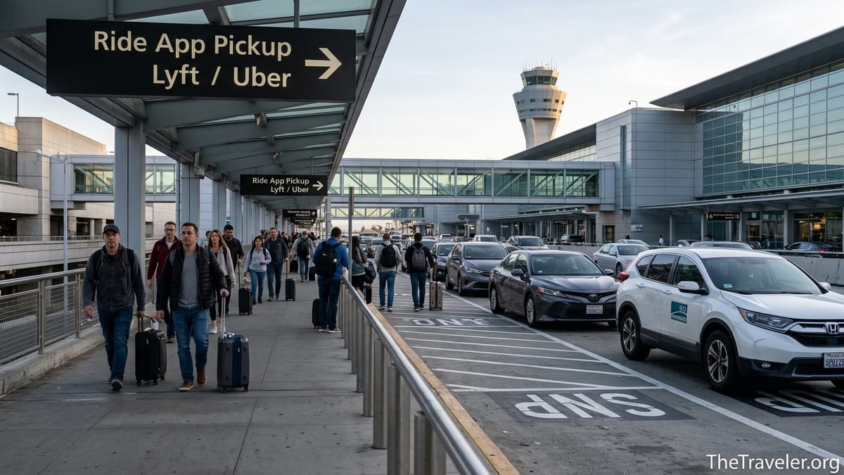 Travelers walking toward the Uber and Lyft pickup zones at SFO’s Domestic Garage Level 5 near the terminals.