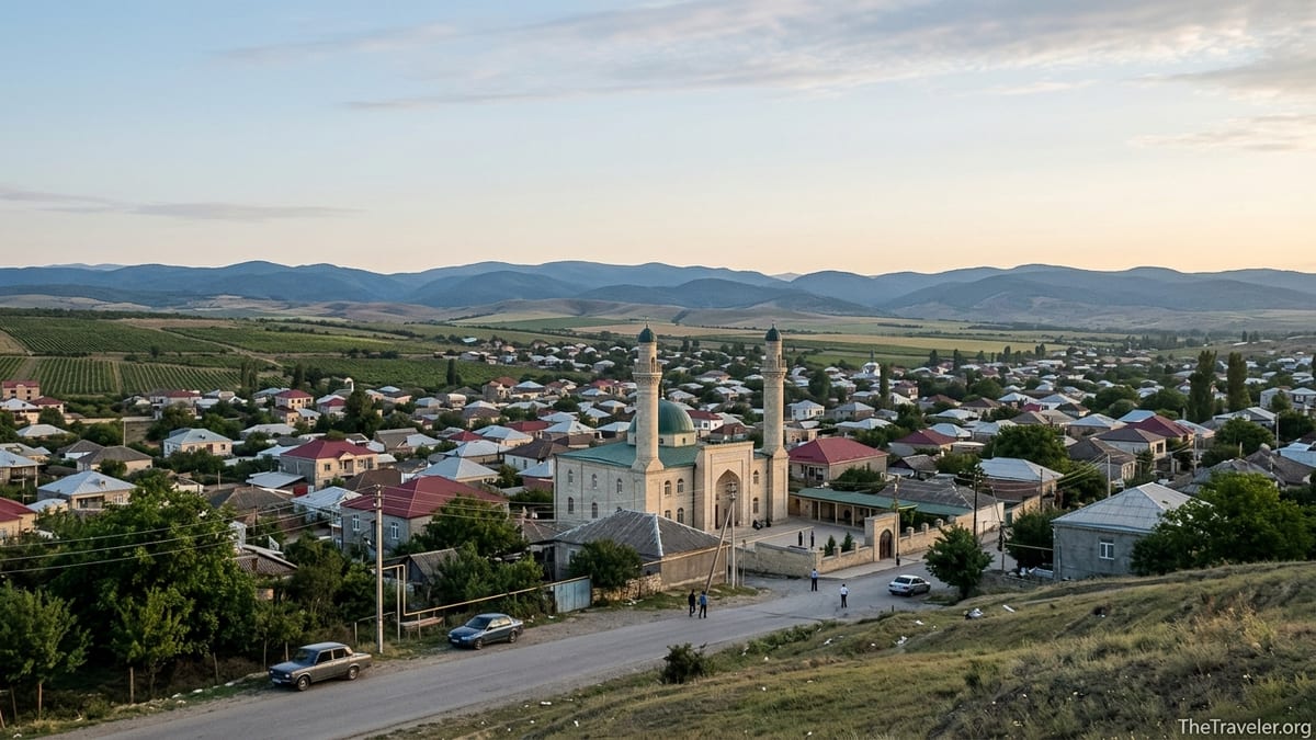 View over Shamakhi, Azerbaijan with Juma Mosque and surrounding hills at sunset.