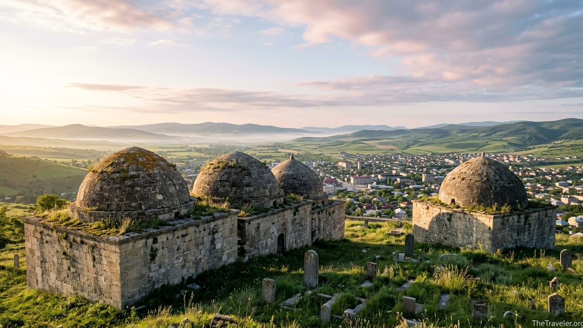 Yeddi Gumbaz domed mausoleums above Shamakhi overlooking green valleys at sunrise.