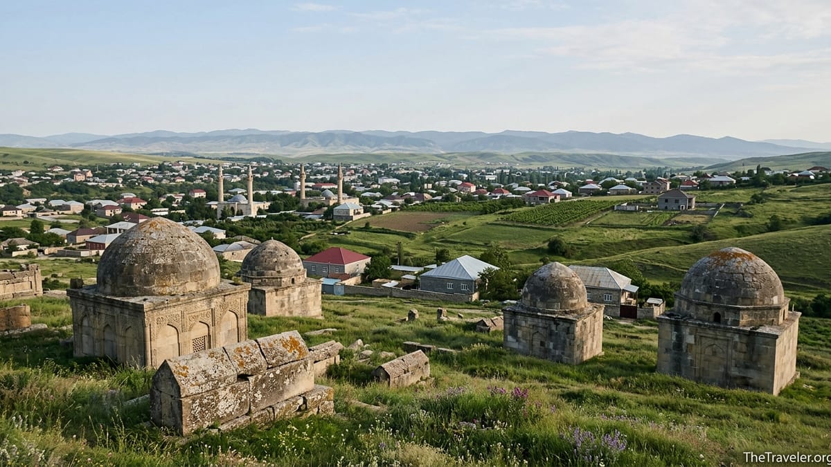 View over Shamakhi from the Yeddi Gumbaz hill, showing old stone domes, town and distant Caucasus foothills.