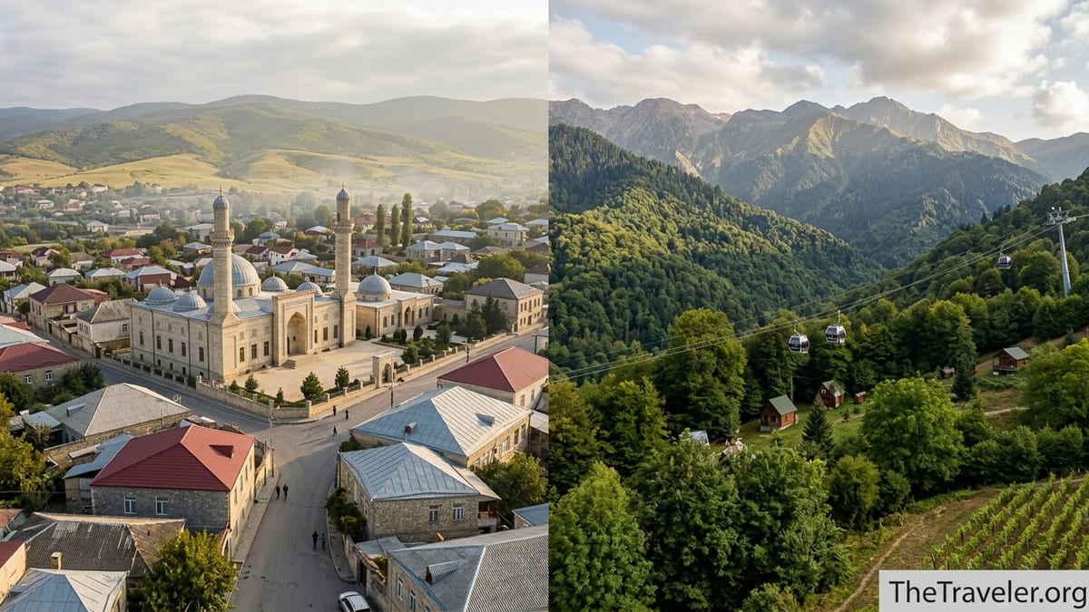 View over Shamakhi mosque and Gabala mountains showing cultural and natural contrast in Azerbaijan