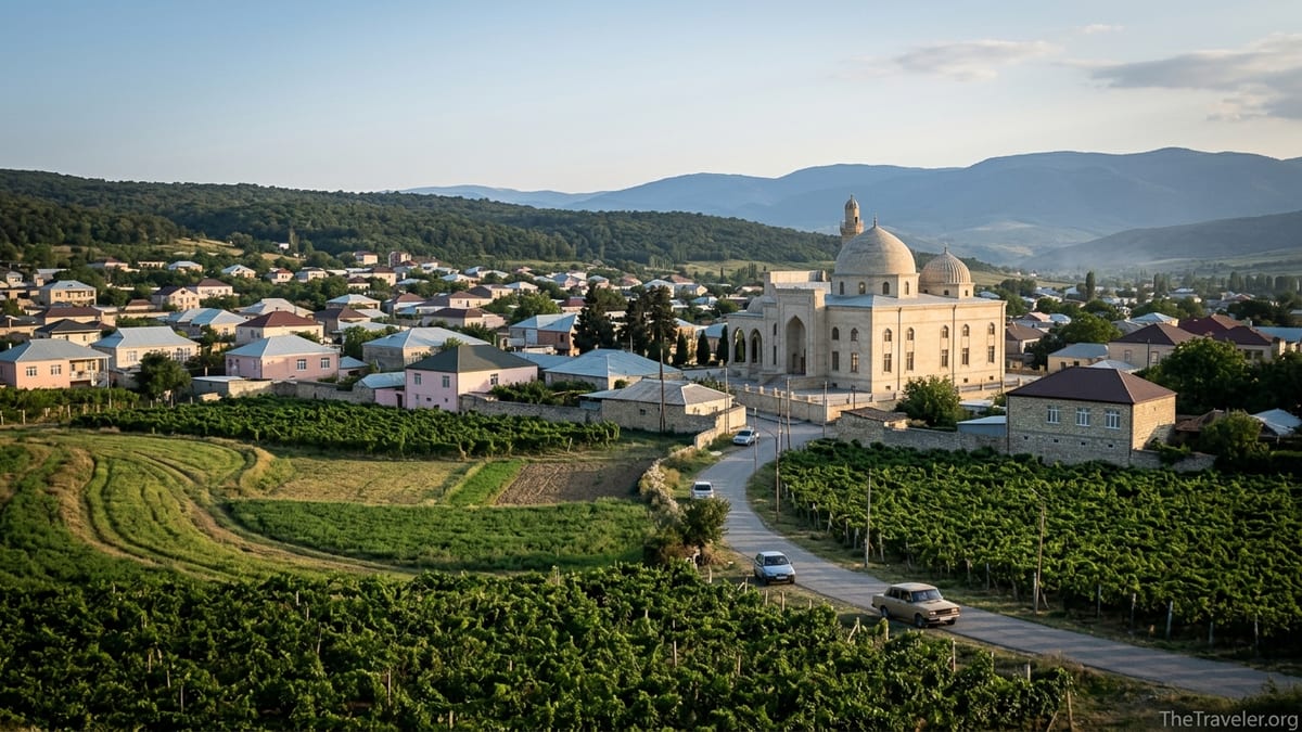 Vineyards and hillside view over Shamakhi, Azerbaijan, with Juma Mosque and surrounding hills at golden hour.