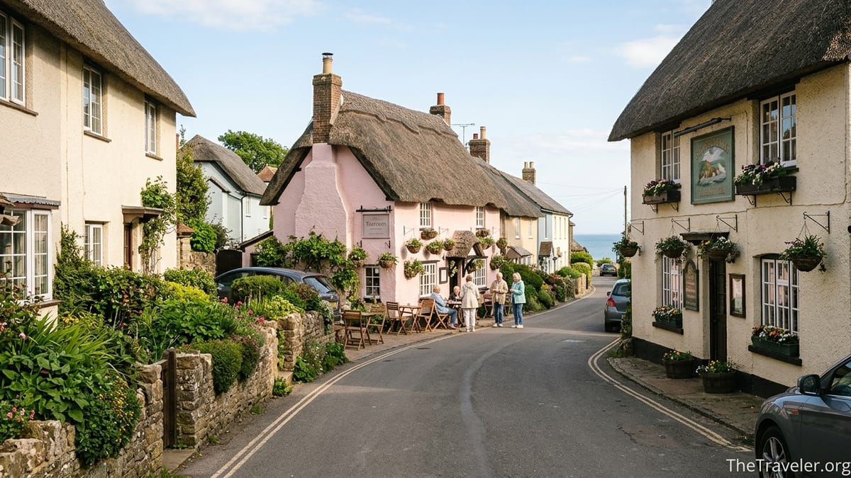 Curving lane of thatched cottages and tearooms in Shanklin Old Village on a sunny afternoon.