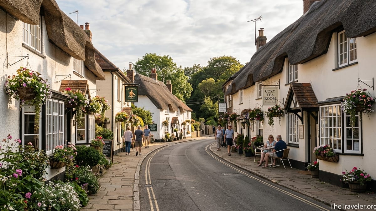 Thatched cottages and tea rooms along the curved main street in Shanklin Old Village at golden hour.
