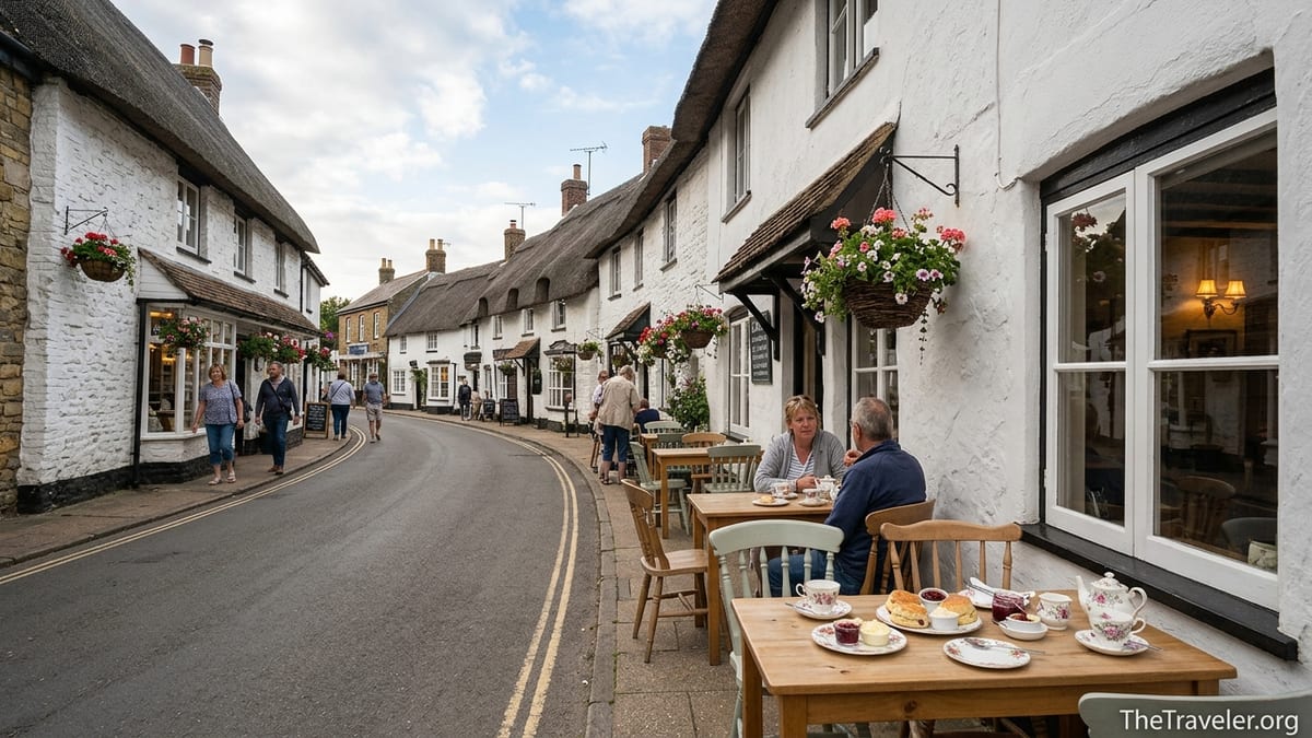Thatched tea rooms and pub terraces along the main lane in Shanklin Old Village.