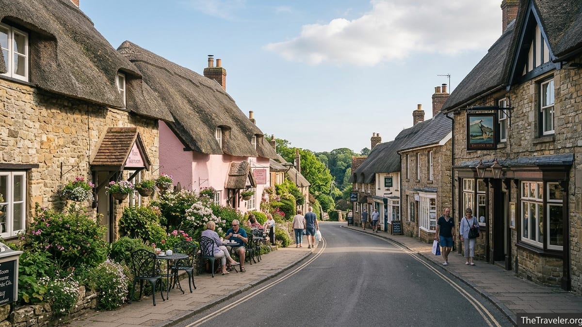 Curving lane of thatched cottages and tearooms in Shanklin Old Village on a sunny afternoon.