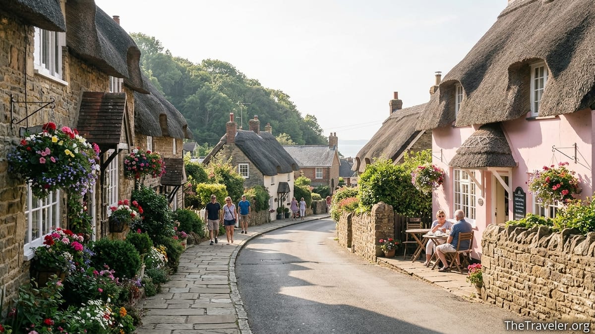 Street view of Shanklin Old Village with thatched cottages, flowers and pedestrians on a sunny afternoon.