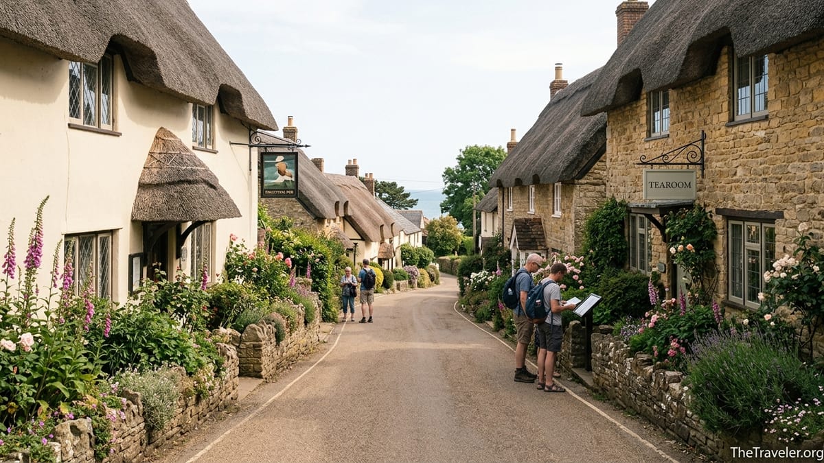 Thatched cottages and pedestrians along a sunlit lane in Shanklin Old Village.