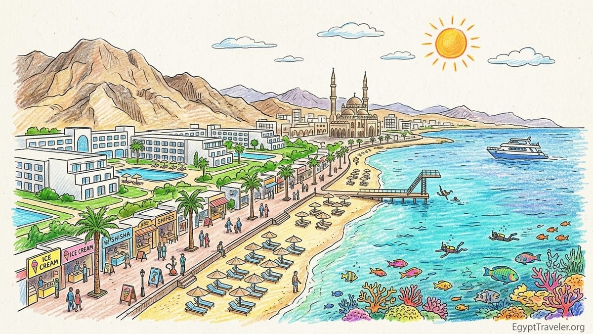 Resort beach at Naama Bay in Sharm El Sheikh with clear water, promenade hotels and Sinai mountains in the background.
