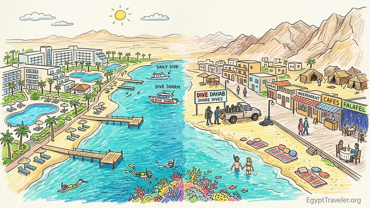 Aerial view contrasting Sharm El Sheikh’s large resorts with Dahab’s small seafront town on Egypt’s South Sinai coast.