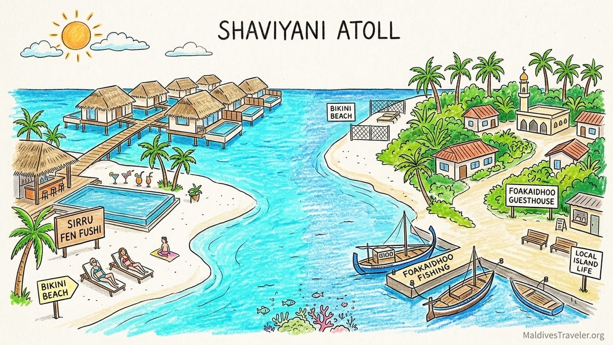 Aerial view of a resort island and nearby local island in Shaviyani Atoll at sunset.