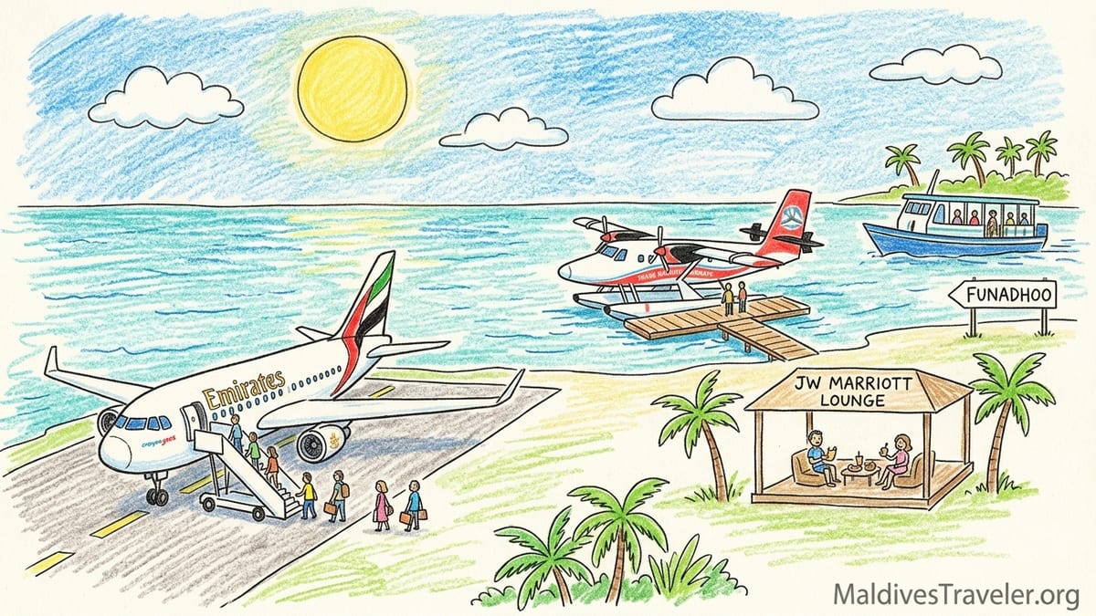 A seaplane wing and float over turquoise reefs and a resort island in Shaviyani Atoll, Maldives.