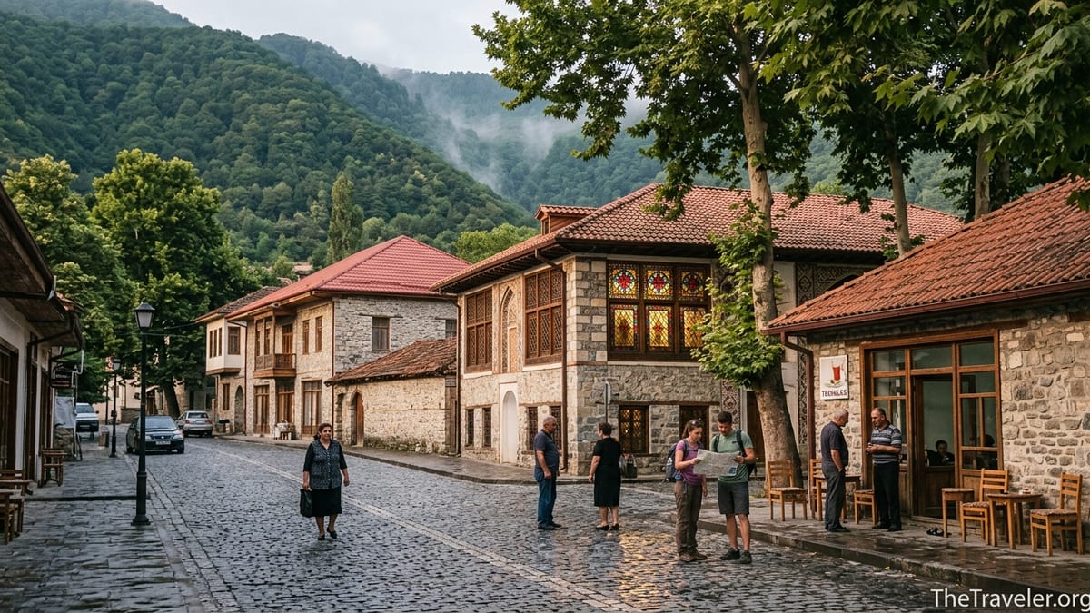 Historic center of Sheki, Azerbaijan with old stone houses and Caucasus foothills at sunset.