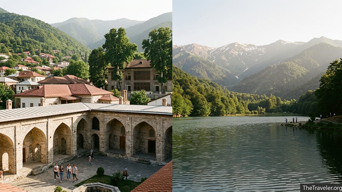 Historic caravanserai in Sheki contrasted with Nohur Lake and mountains near Gabala at sunset.