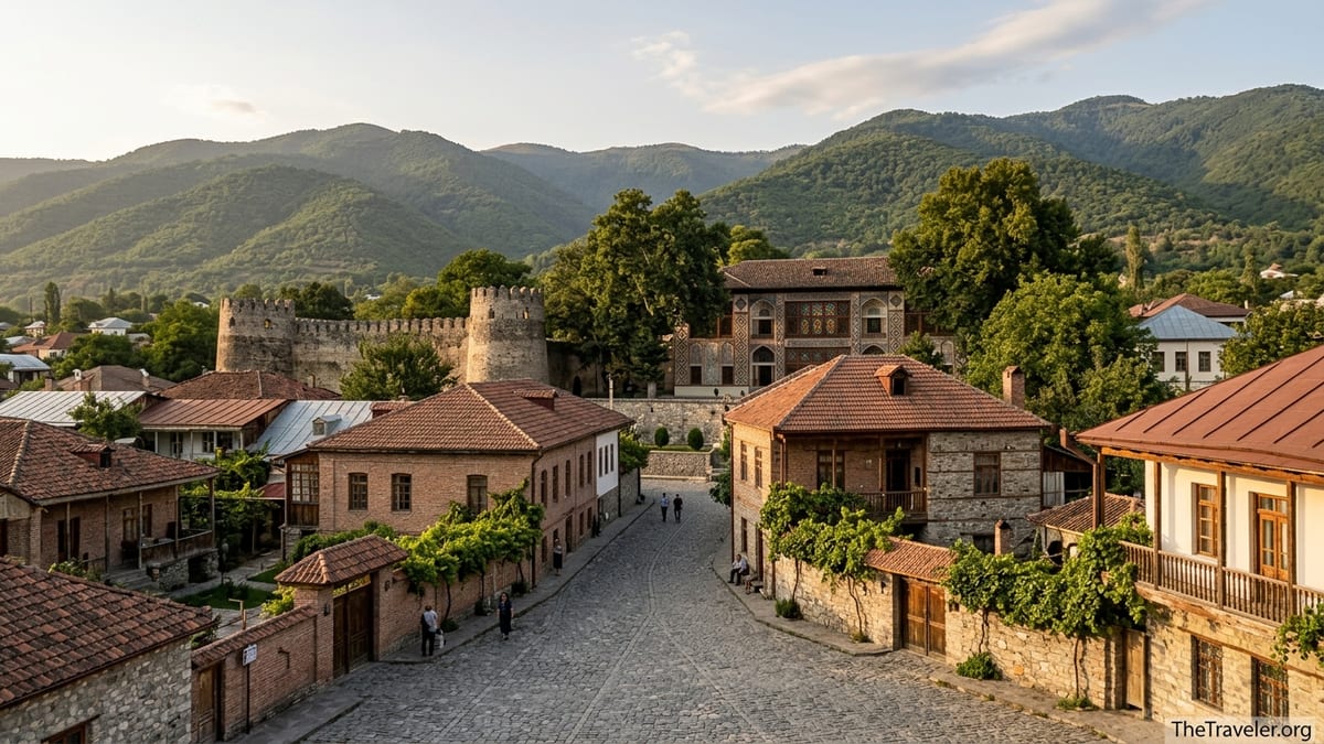 Golden hour view over Sheki’s historic center, fortress walls, and tiled rooftops against forested Caucasus foothills.