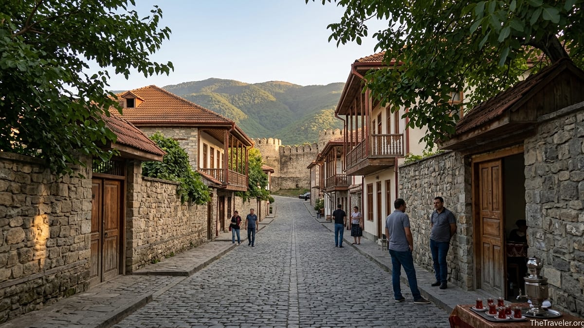 Cobbled street in historic Sheki with tiled roofs and Caucasus foothills at sunset.