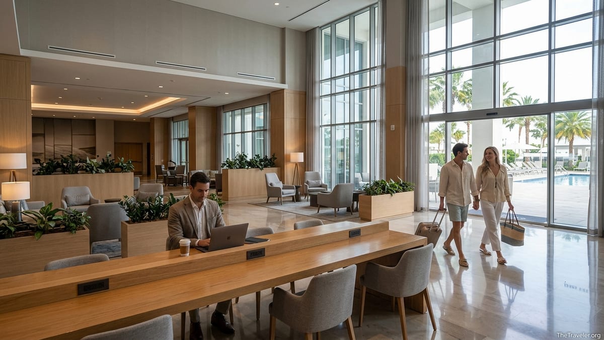 Sheraton hotel lobby blending co-working tables with views of a sunny resort pool.