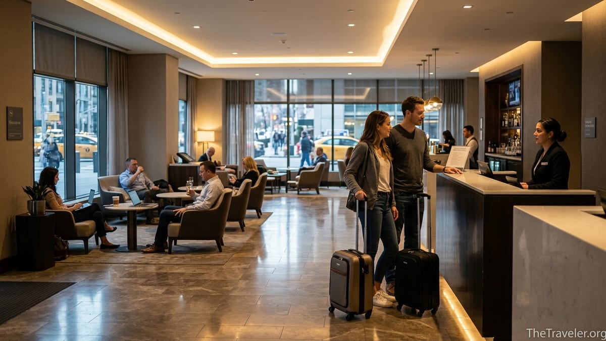 Travelers checking in and relaxing in a busy modern Sheraton hotel lobby at sunset.