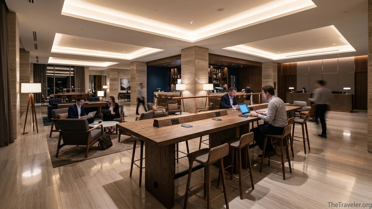 Modern Sheraton lobby with long communal worktable, warm lighting and travelers working and socializing.