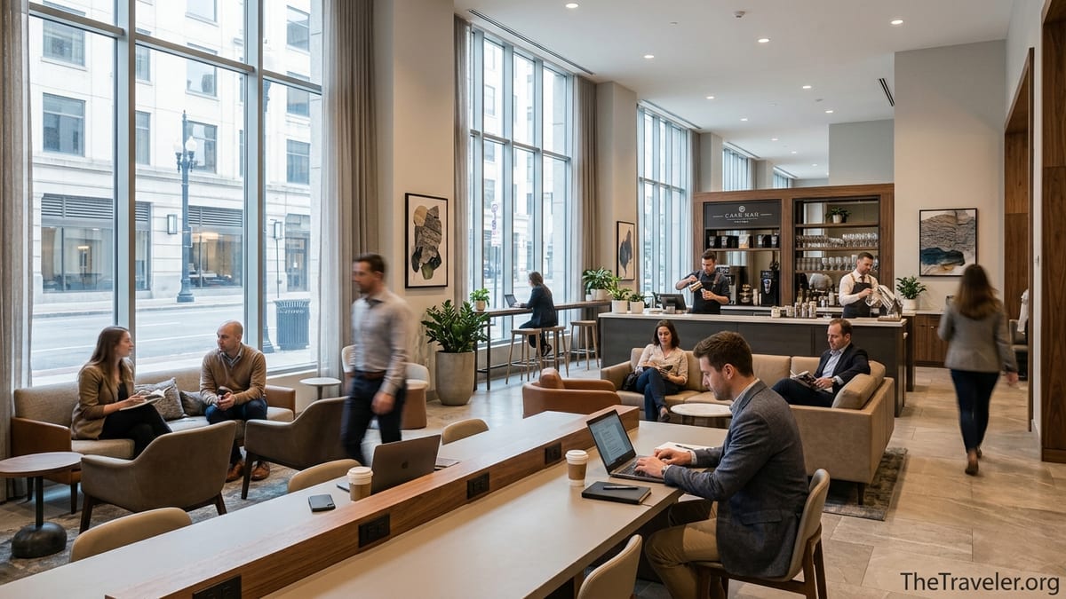 Renovated Sheraton lobby with communal worktable, café-bar and travelers working and relaxing.