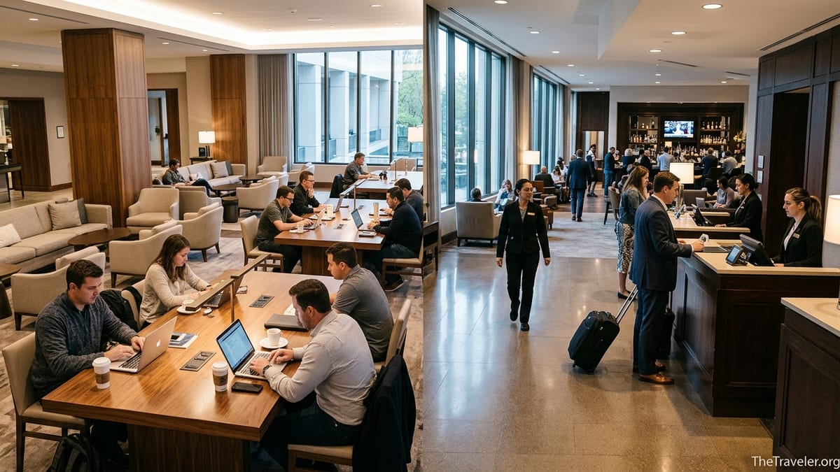 Hotel lobby comparing a modern co-working style space and a classic business-hotel reception area.
