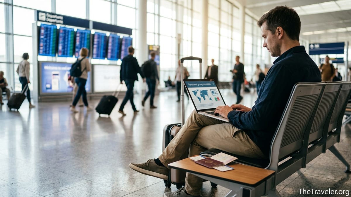 Traveler checking visa and entry requirements on a laptop in an airport departures hall.