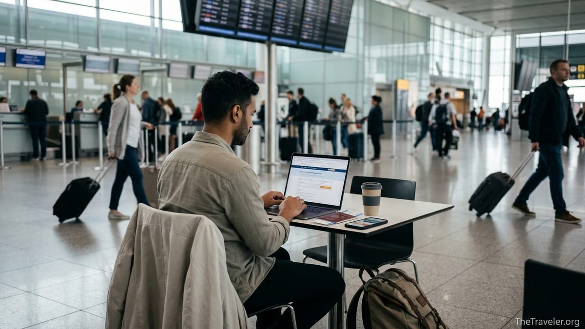 Traveler in airport lounge checking visa and entry requirements on laptop before an international flight.