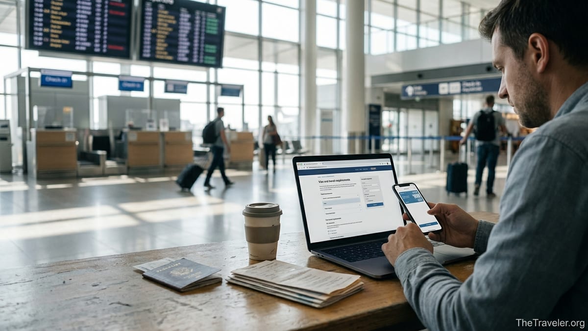 Traveler in an airport checking visa and entry requirements on a laptop before flying
