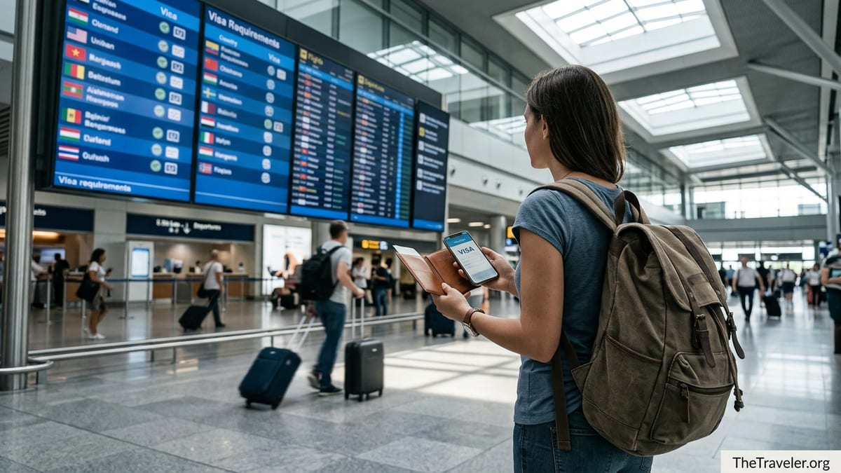 Traveler checking visa requirements on a phone in a busy airport departures hall.